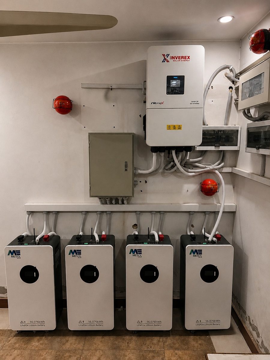 Four MESOL Infinity 16 kWh LiFePO4 batteries connected in parallel with a hybrid inverter