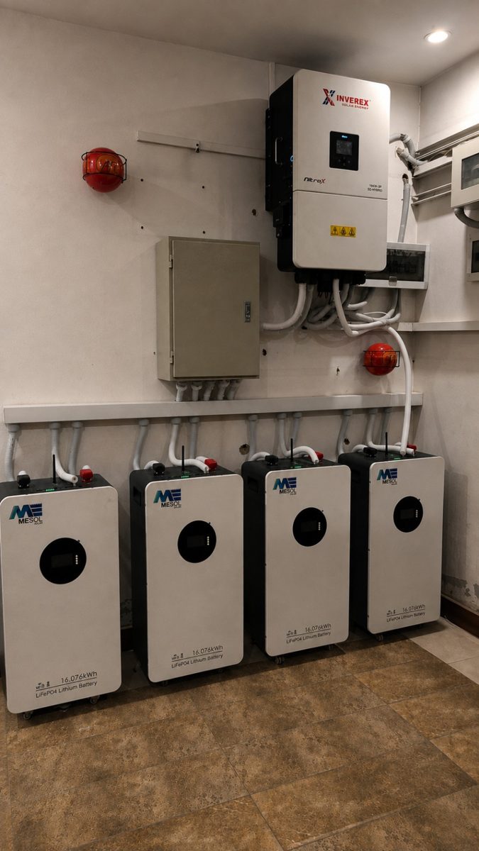 Side view of four MESOL Infinity 16 kWh batteries installed in parallel on a floor stand