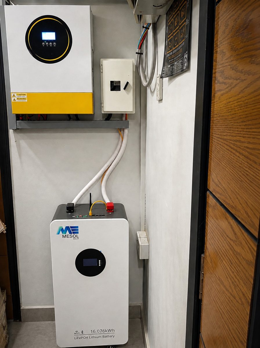 MESOL Infinity 16 kWh battery paired with a wall-mounted off-grid hybrid inverter