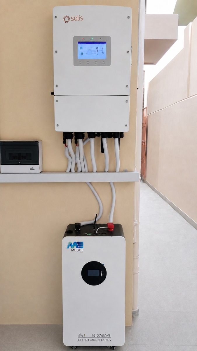 MESOL Infinity 16 kWh LiFePO4 battery installed below a Solis hybrid inverter